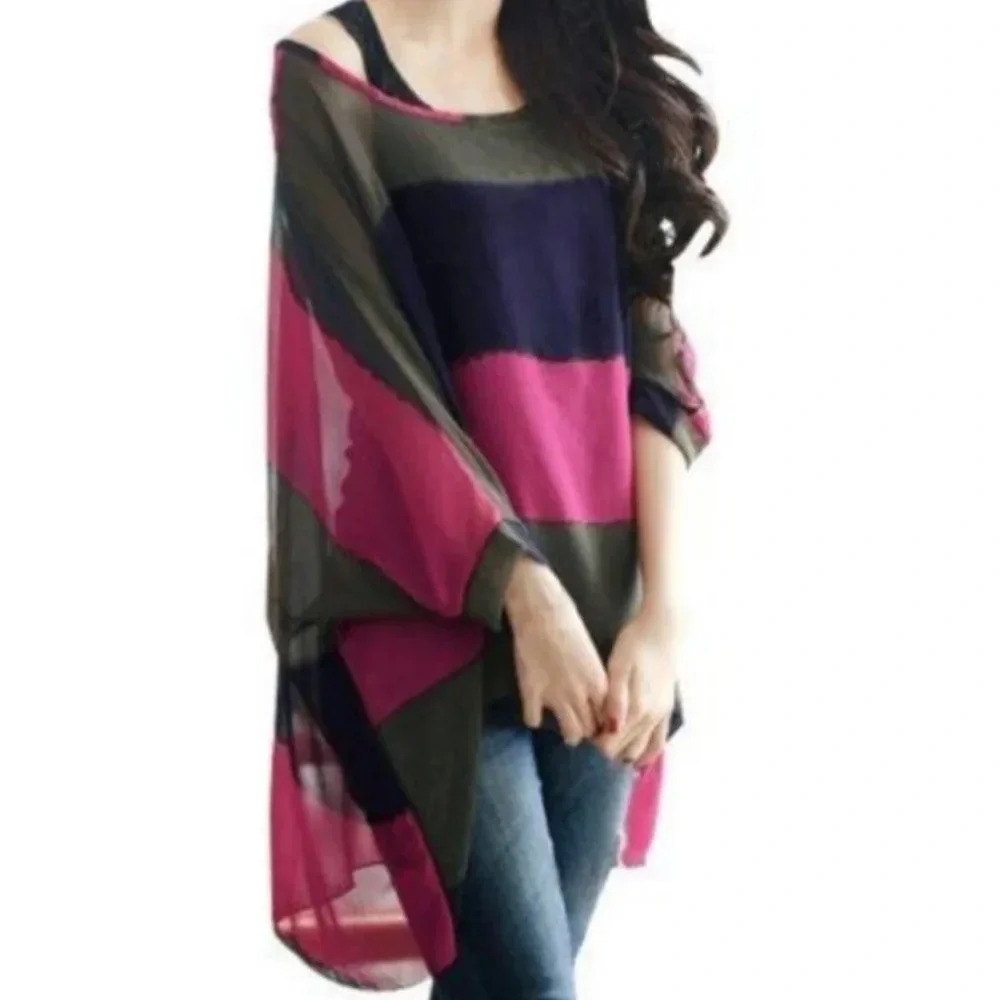 Oversized Cover Up / Hi Low Tunic Top Sheer Chiffon Colorblock Swim Tunic